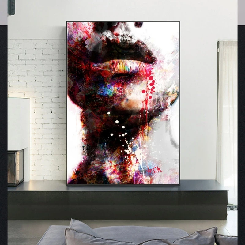 Абстрактная девушка настенное искусство холст печать сексуальные губы поп арт