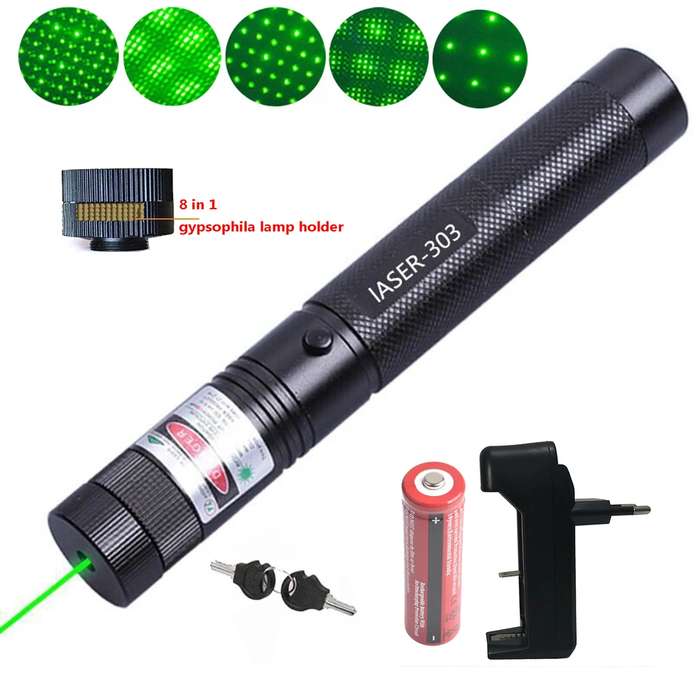 

High-power green laser 303 pointer 10000m 5mW ultra-long radiation distance green laser sight 8 in 1 laser head 18650 battery