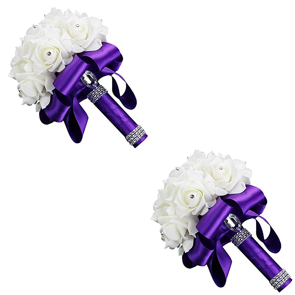 2 Puple Ручная работа, элегантный фиолетовый цветок невесты, свадебный букет, искусственный цветок, роза, лента, хрустальные букеты de noiva - Цвет: 2 Puple
