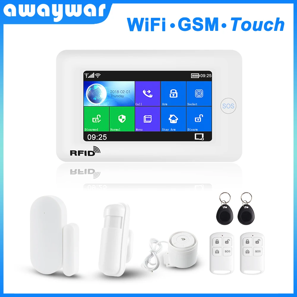 

Awaywar WIFI GSM home Security Burglar smart Alarm System kit 4.3 inch touch screen Tuya APP Remote Control RFID Arm Disarm