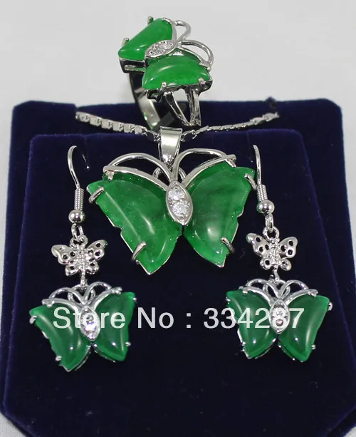 

fancy green jades butterfly earring pendant/ ring set free chain