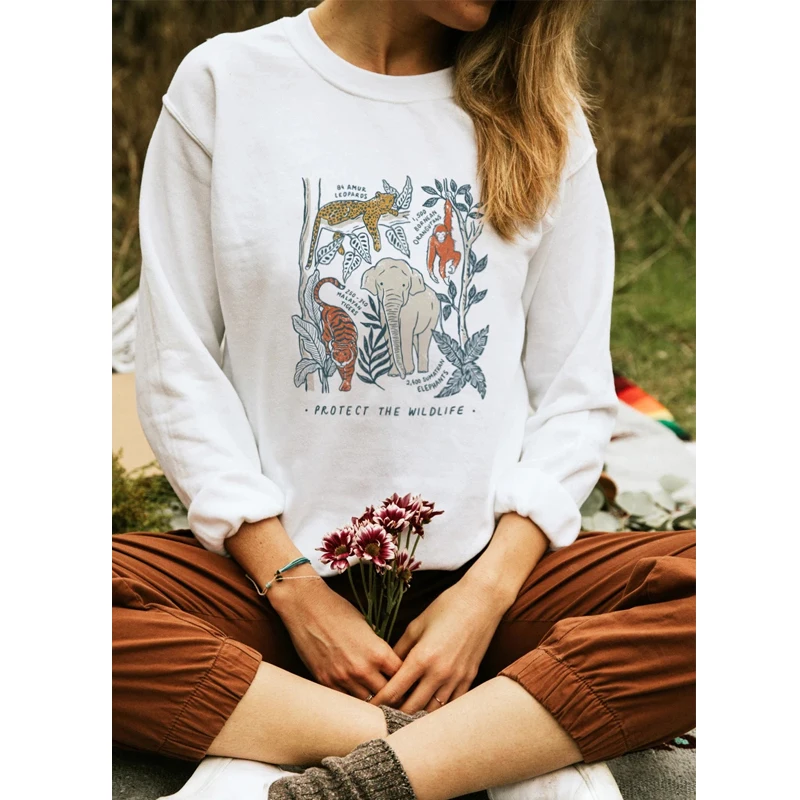 

Protect The Wildlife Colored Printed Eco Sweatshirt Aesthetic Women Ethical Pullovers Vintage Graphic Botanical Hoodies Outfits