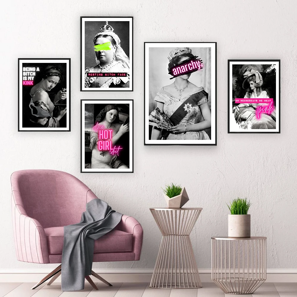 Настенный винтажный постер розового неонового цвета с изображением королевы