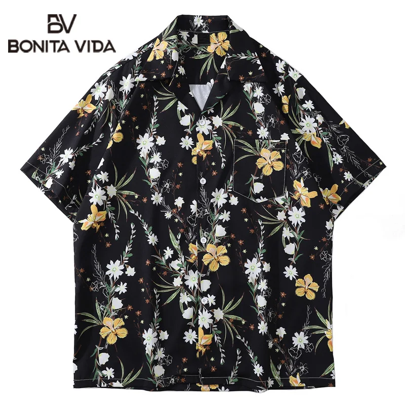 

Bonita Vida Harujuku Flowers Print Vintage Street Men's Short Sleeve Shirts Summer Thin Material Hawaiian Shirt Man Blouse Tops