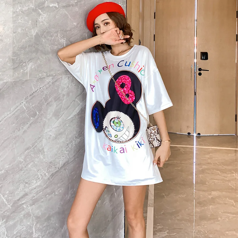 Летние женские платья с блестками коротким рукавом и мультяшным принтом 2020 |