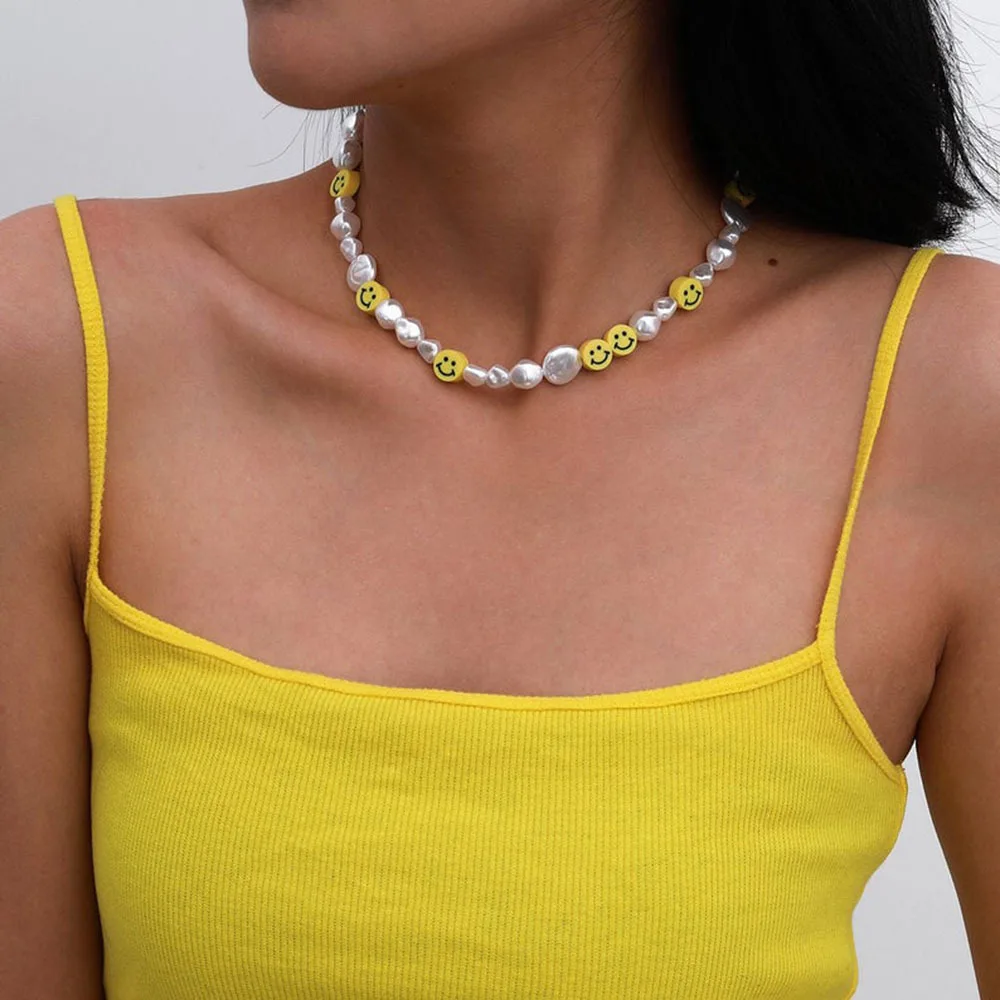 

Korean Irregular Imitation Pearl Smile Face Choker Necklace For Women Cute Sweet Girls Necklace Beads Necklace Jewelry