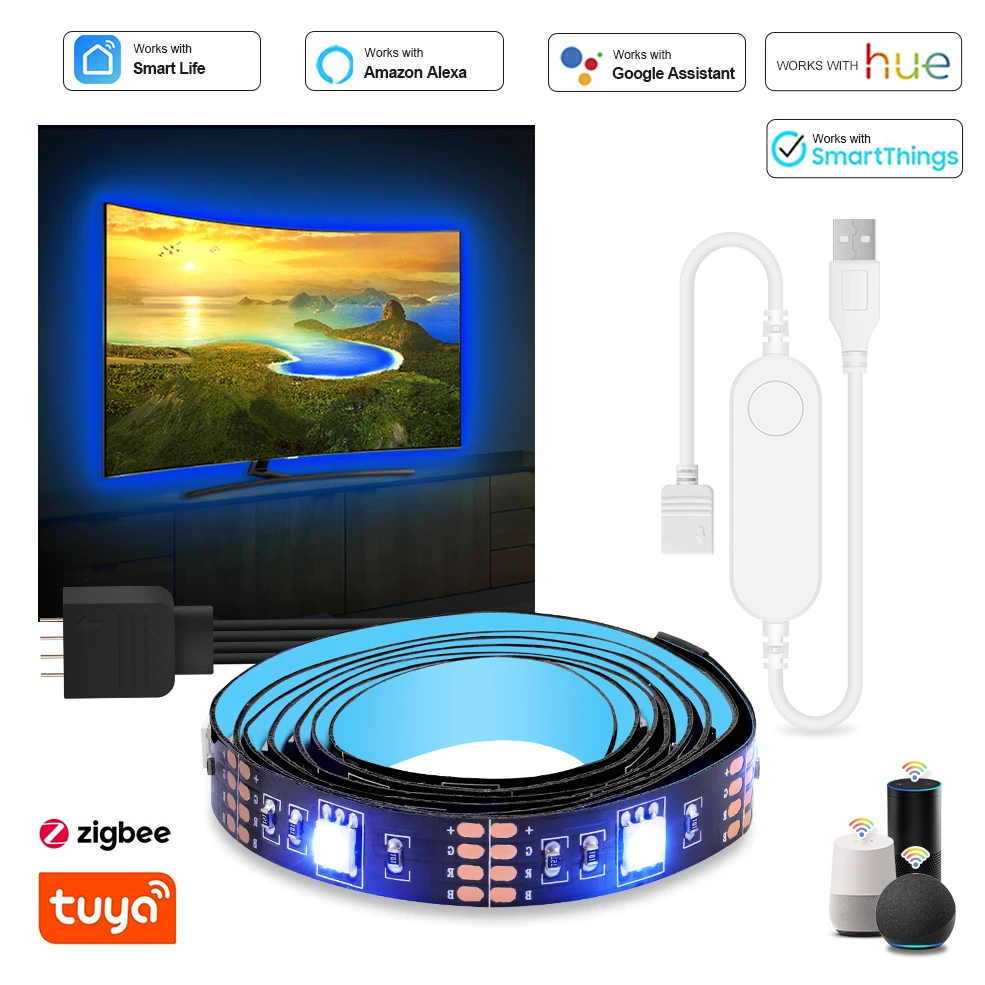Tuya Smart LED полосы светильник Zigbee Светодиодная лента USB DC5V RGB гибкий диода работать с