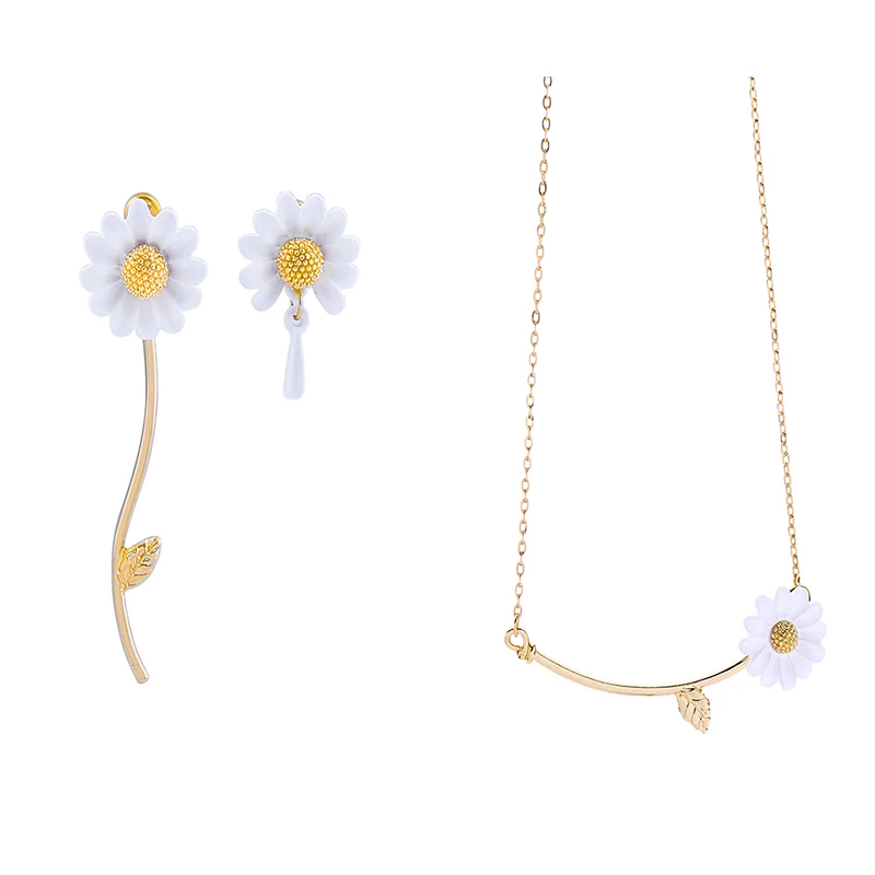 Эмаль маргаритки цветы Ювелирные наборы Асимметричные Висячие серьги золотой