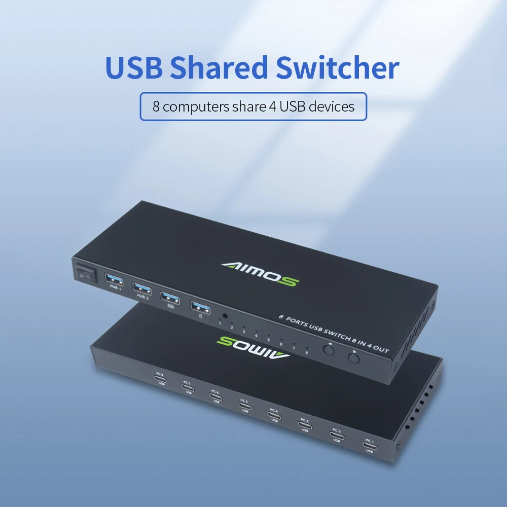 

AIMOS USB2.0 Shared Switcher 8 Computers Sharing 4 USB Devices 8 in 4 out Switcher Box for Keyboard/Mouse/Printer/U Disk