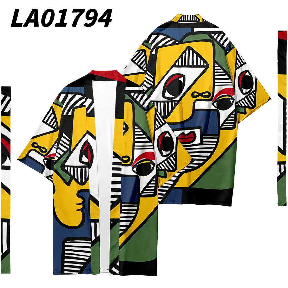 

Pop Element Printed Long Style Kimono Beach Cardigan With Belt Japanese Couple Women Men Casual Asian Clothes Harajuku