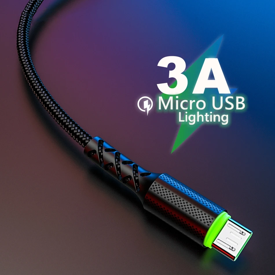 3а Светодиодная лампа Быстрая зарядка микро USB кабель для Samsung Xiaomi LG планшет Android