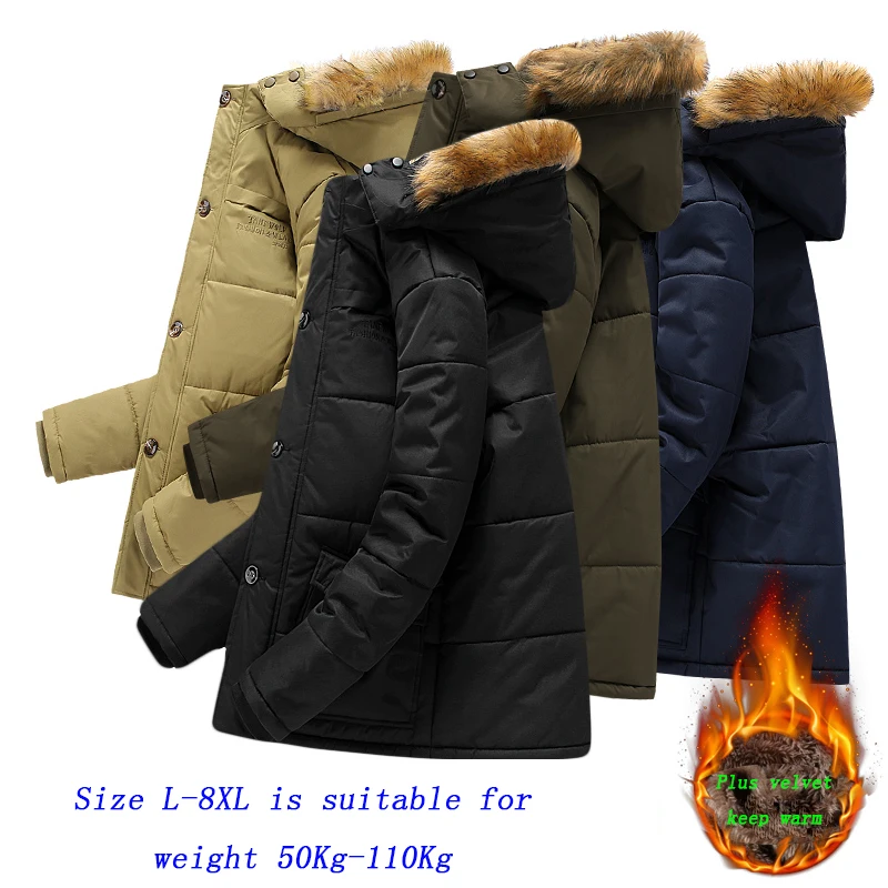 Men's L-8XL Large Size Zip Jacket Winter Warm Jacket Jacket Plus Velvet Thickened Long Windproof Hooded Jacket Warm Quilted Coat