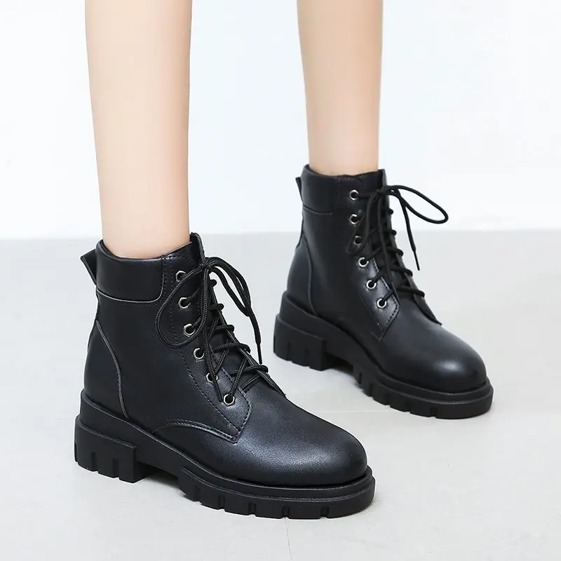 2020 зимние женские ботинки со шнуровкой женская обувь на платформе Черные