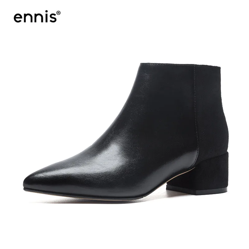 Black ENNIS/ г. Осенне-зимние женские ботильоны ботинки из натуральной кожи на квадратном каблуке обувь на молнии с острым носком женские замшевые ботинки A9147 - Цвет: Black