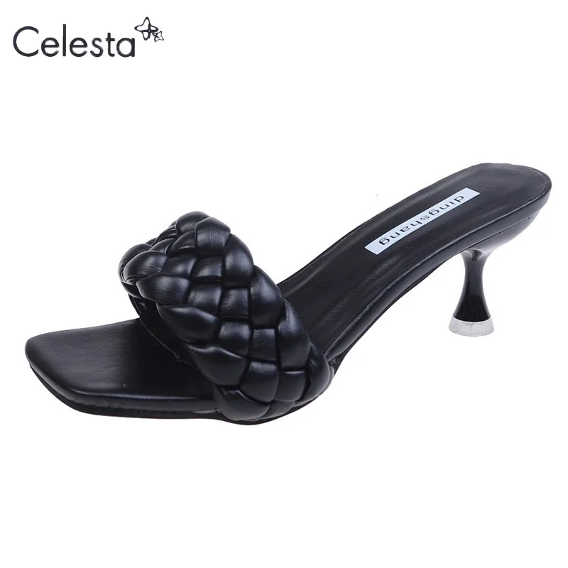 

Celesta Luxury Slides Women 6cm High Heels Mules Fetish Pumps Individual Weave Leisure Black Office Ladies Prom Slippers