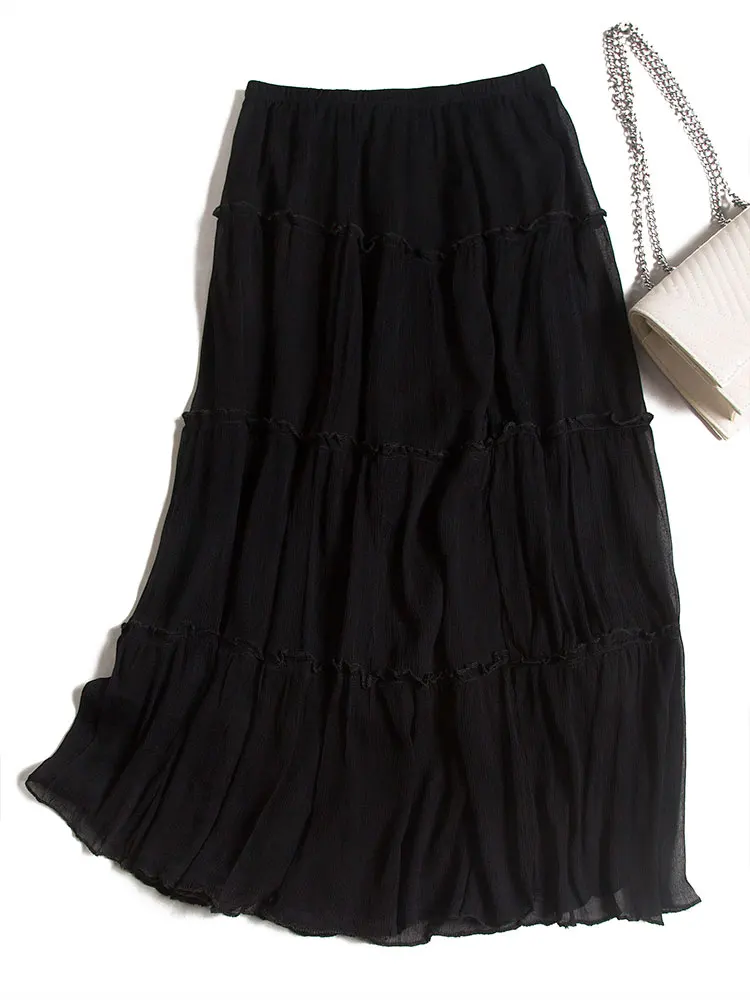 

2021 New Black Thin Layer Cake Skirt Medium Length Double Silk Skirt Long Skirt