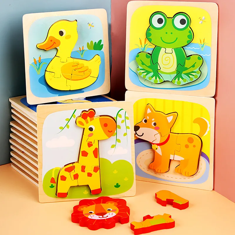 

Cartoon Animal Wooden 3D Puzzle Baby Montessori Toys Toddlers Educational Traffic Jigsaw Puzzle Set For 1 2 3 Year Old Boys Girl