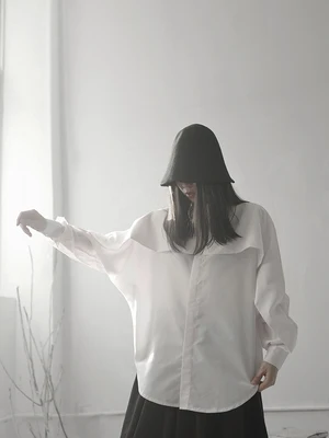 Женская рубашка с длинным рукавом Yamamoto темно синяя драпировкой в японском