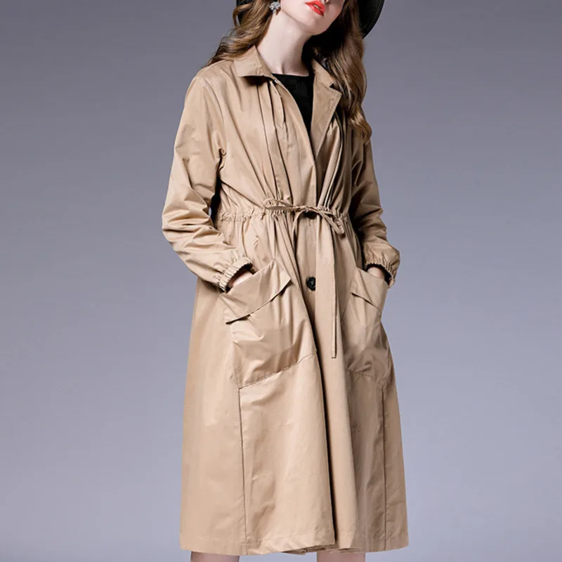 Autumn Coats Windbreaker Long Size Womens Loose Fashion Trench Coat Temperament Elegant Coat Sleeve Collect Waist Solid
