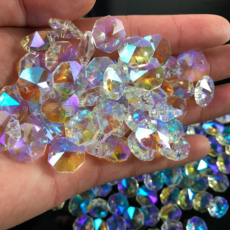 10PCS Aurora Crystal Glass Octagon Bead Prism Garland Strand Chandelier Chain Part Rainbow Suncatcher Curtain DIY Jewelry Making