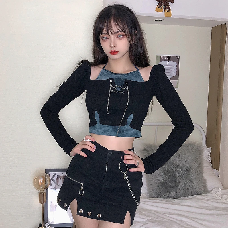 

Женская блузка с длинным рукавом и цепочкой, с воротником-стойкой