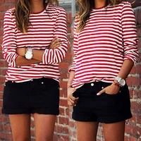 new sexy women casual red white striped long sleeve t shirt cotton loose tees shirt female basic o neck tops autumn pullovers