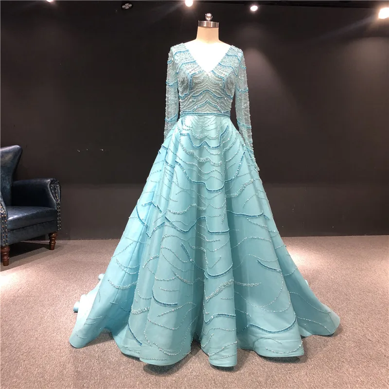

ZuhairMuard Real Pictures Luxurious Beads Blue Color V-neck A-line Full Sleeves Floor Length Formal Party Dance Evening Dresses