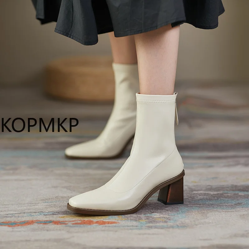 

Женские эластичные ботинки на молнии, облегающие ботильоны на высоком квадратном каблуке, с острым носком, Размеры 35-39, для осени и зимы