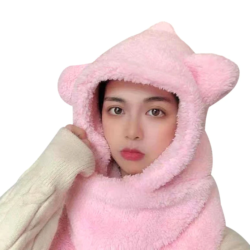 

2021 Women's Winter Outdoor Warm 3-in-1 Hat Scarf Glove Kit Cute Bear Ear Design Hats Scarf Fleece Women Bufandas Invierno Mujer