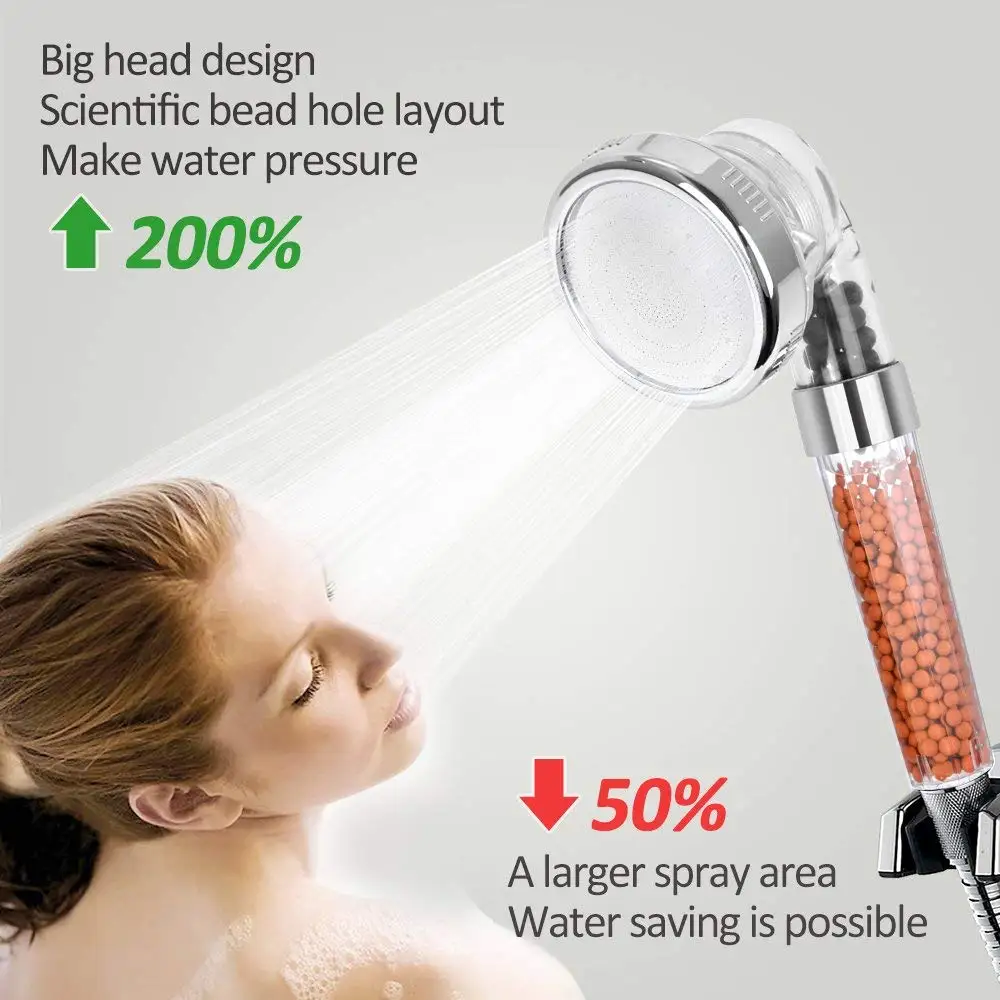 

3 Modes Adjustable SPA Shower Head With Switch Stop Button Bathroom High Pressure Anion Filter Bath Head Water Saving Shower