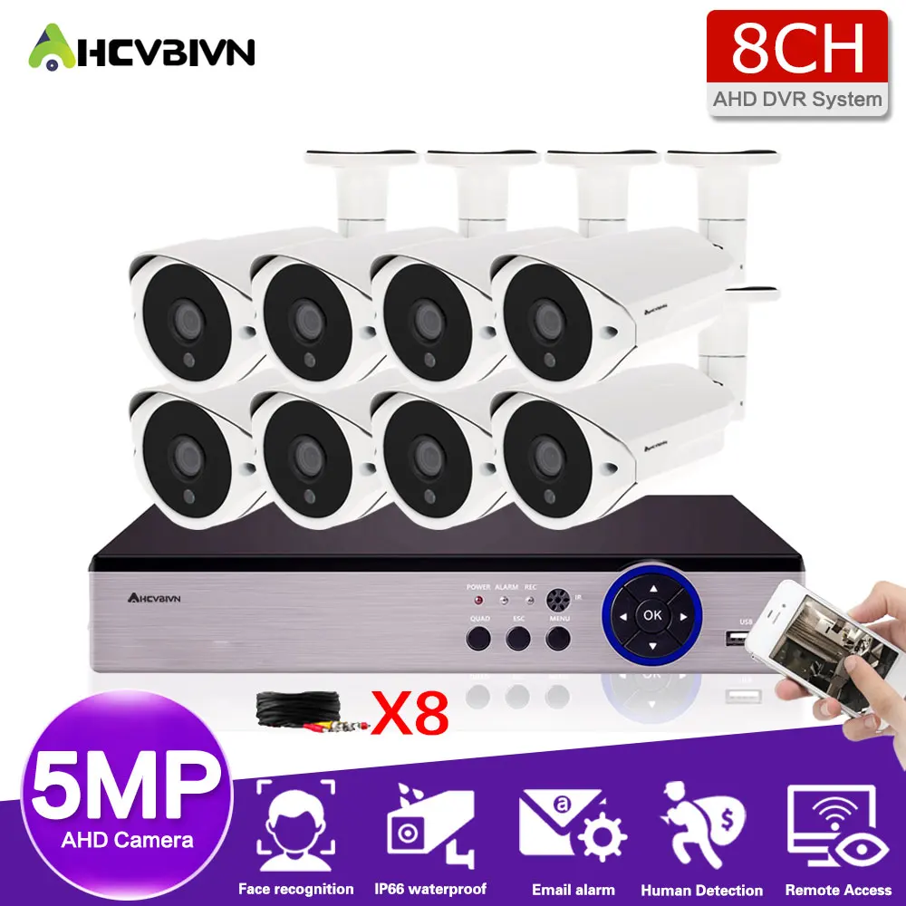 

AHCVBIVN 8CH HD CCTV Camera System AHD DVR Kit 4/8PCS 5MP IR Night Outdoor Security Camera P2P Video Surveillance Kit 2TB HDD