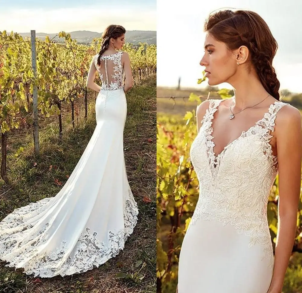 

Простое свадебное платье-русалка в стиле бохо 2022, кружевное свадебное платье без рукавов с V-образным вырезом и аппликацией, женское платье ...