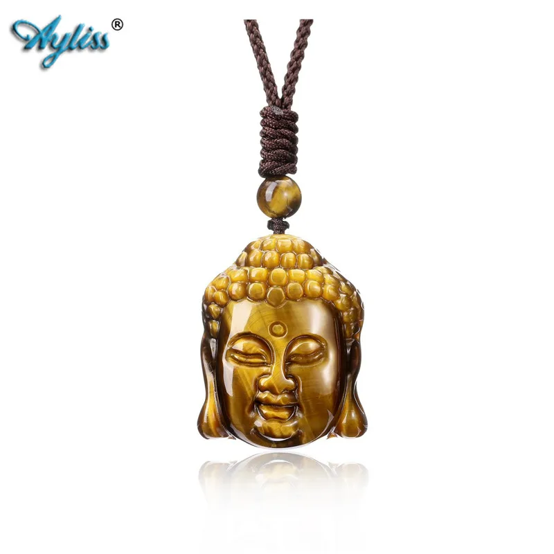 

Ayliss Carved Buddha head Pendant Natural Tiger's Eye Stone Pendant Necklace Adjustable Braided Rope Prayer Amulet Pendant Gift