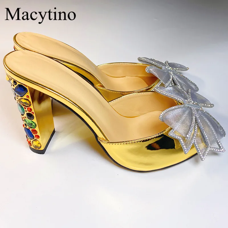 Bow-knot decoration ladies high-heeled shoes round toe fancy diamond heel high-heeled slippers fashion party slippers