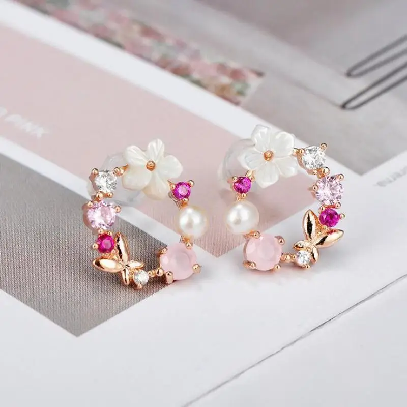 

Women's Fashion Exquisite Butterfly Shell Flower Zircon Stud Earrings Beautiful Romantic Bride Engagement Wedding Jewelry