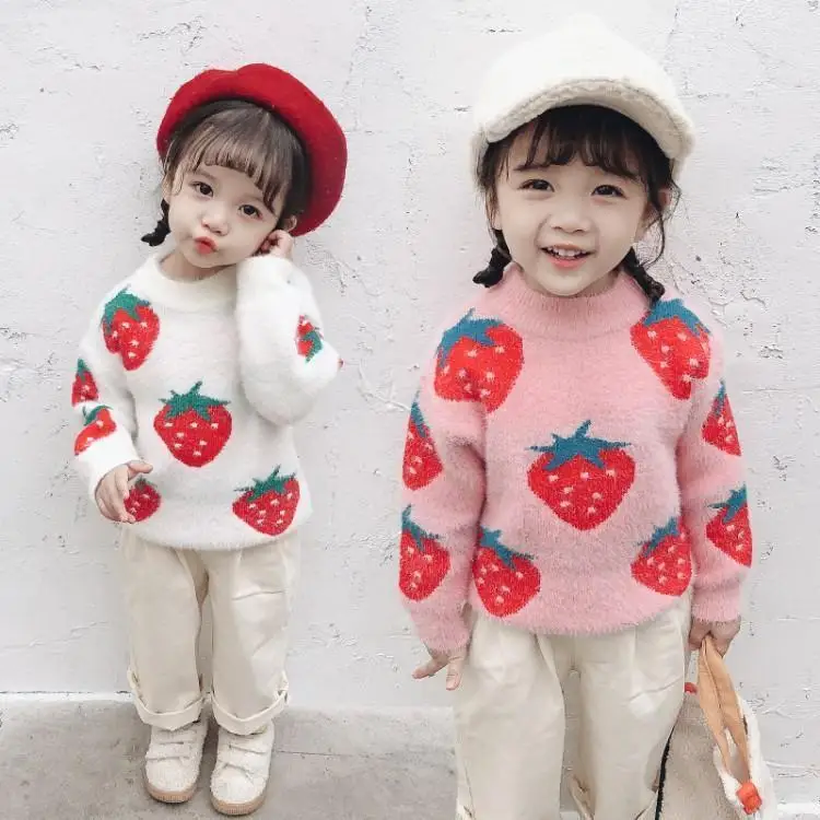

Autumn And Winter New Round Neck Strawberry Mink Velvet Plus Velvet Thick Sweater For Children Warm Soft Clothing
