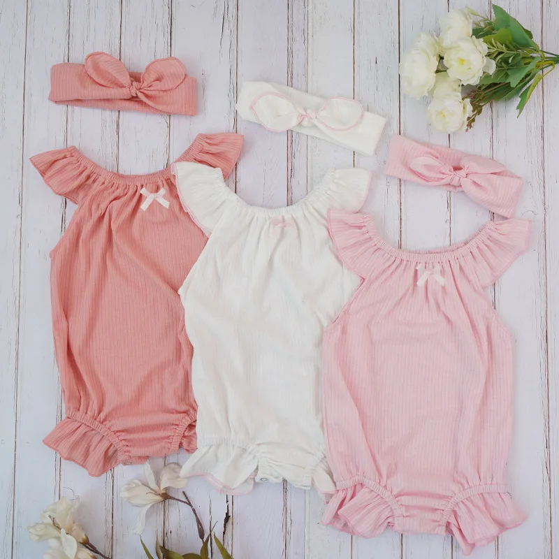

Newborn Infant Baby Girls Romper Solid Color Summer Bodysuits Stringy Selvedge Knitted Cuff Costumes Headband for 3-18M Clothes