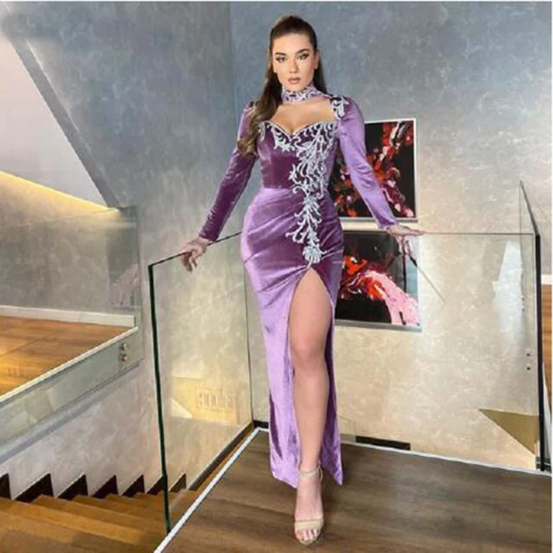 

Long Sleeves Velvet Mermaid Evening Dress High Neck Lace Appliques Slit Side Formal Prom Gowns Vestidos De Gala