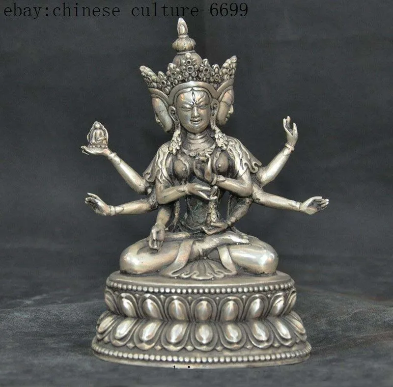 

old Tibet Buddhism Tibetan silver 3 Head 8 Arms tara Kwan-Yin Bodhisattva statue