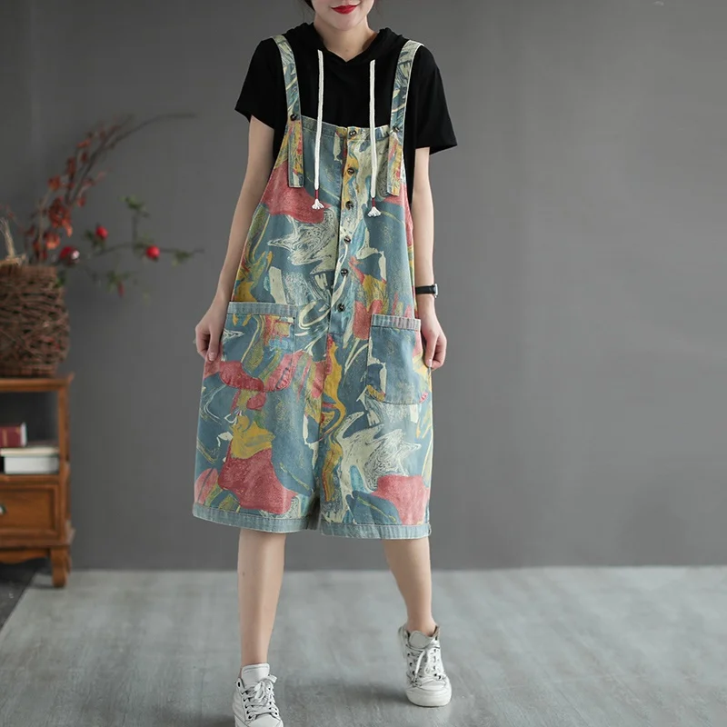 

Summer Playsuit Women Sleeveless Loose Plus Size Jumpsuits Short Vintage Print Denin Overalls Jumpsuit Women Summer 2021 AA5632