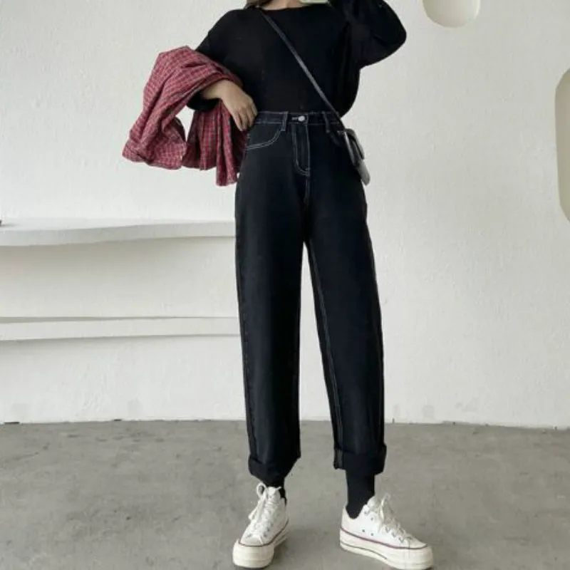 Прямые черные джинсы женские большого размера с высокой талией винтажные