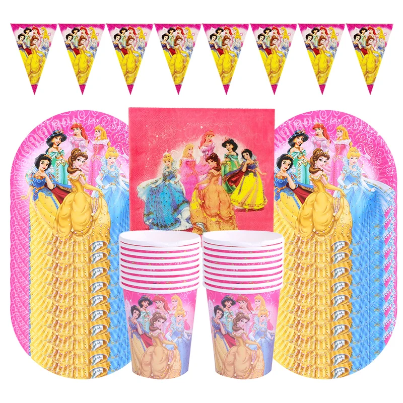 Suministros de fiesta de cumplea&ntilde;os para ni&ntilde;os y ni&ntilde;as, Set de guirnalda de papel de Disney, platos, tazas, decoraci&oacute;n para Baby Shower, 61 piezas-0