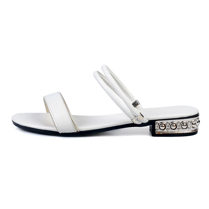 

2021 Women Genuine Leather Slippers Low Heel T-Strap Ladies Open Toe Black Beige Red Buckle Metal Decoration Summer Female Shoes