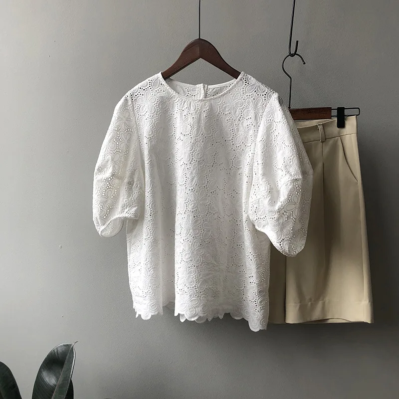 

Blouses Woman Clothing Summer Office Lady Casual Loose Tunic Tops 2021 Embroidery Hollow Puff Sleeve Lady Shirts Blusa Feminina
