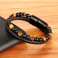 classic special style leather and beaded diy combination stitching mens stainless steel black button leather bracelet for boys