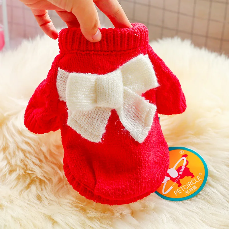 Red Bowknot Джемпер для собаки, Осенний цветочный плед, плюшевый чихуахуа, свитер для питомца, вязаная теплая одежда для собак - Цвет: Red Bowknot