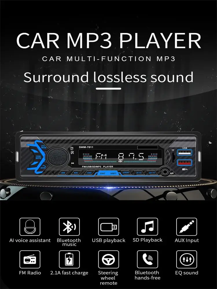 

Car Bluetooth MP3 player, car radio amplifier, U disk card reader, support voice control