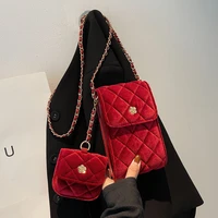 2 bags lattice flap crossbody bag new high quality velvet womens designer handbag chain shoulder messenger bag phone purse