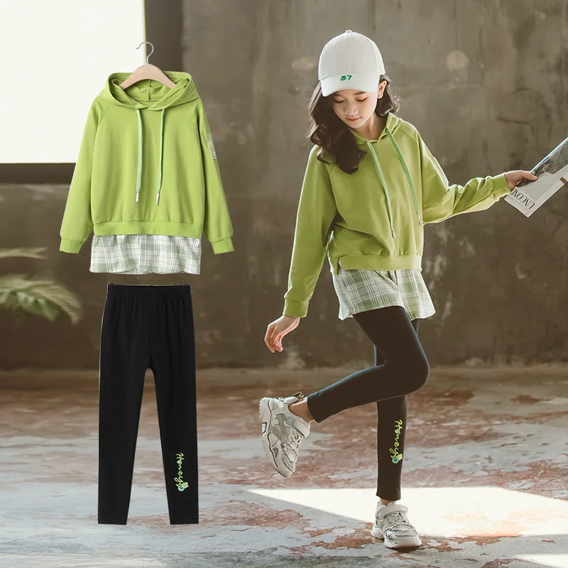 

New Fashion Green Sport Spring Winter Girls Two Pieces Casual Sets Tracksuit Children School Suits Kids Teenage Long Sleeve