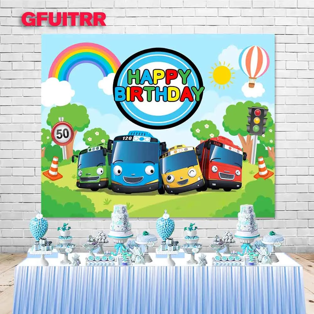 

GFUITRR Cartoon Tayo Bus Photography Backdrop Kids 1st Birthday Baby Shower Photo Background Grassland Vinyl Photo Booth Props